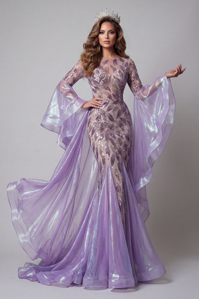 Laden Sie das Bild in den Galerie-Viewer, Glitzerndes lavendelfarbenes Ärmel Meerjungfrauen-Langperlen-Pageant-Kleid