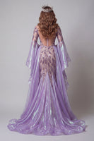 Laden Sie das Bild in den Galerie-Viewer, Glitzerndes lavendelfarbenes Ärmel Meerjungfrauen-Langperlen-Pageant-Kleid