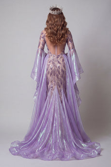 Glitzerndes lavendelfarbenes Ärmel Meerjungfrauen-Langperlen-Pageant-Kleid