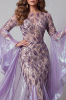 Laden Sie das Bild in den Galerie-Viewer, Glitzerndes lavendelfarbenes Ärmel Meerjungfrauen-Langperlen-Pageant-Kleid