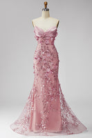 Laden Sie das Bild in den Galerie-Viewer, Glitzerndes Blush Korsett Meerjungfrauen Langes Blumen Ballkleid mit Strasssteinen