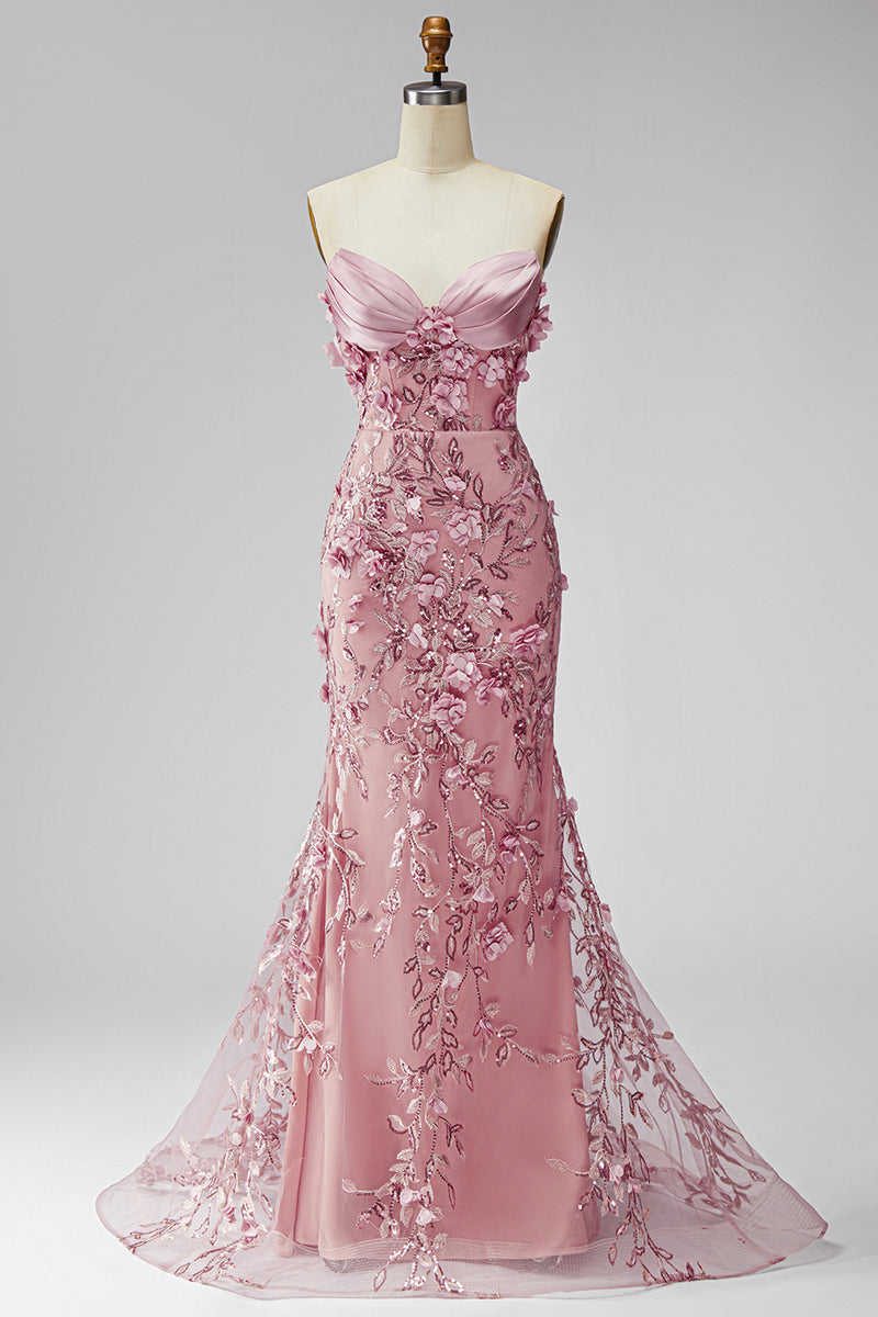 Laden Sie das Bild in den Galerie-Viewer, Glitzerndes Blush Korsett Meerjungfrauen Langes Blumen Ballkleid mit Strasssteinen