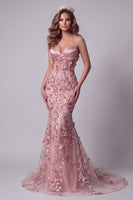 Laden Sie das Bild in den Galerie-Viewer, Glitzerndes Blush Korsett Meerjungfrauen Langes Blumen Ballkleid mit Strasssteinen