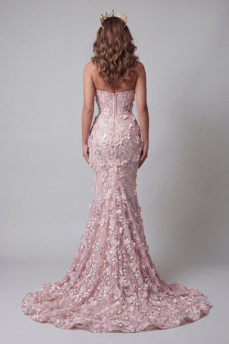 Laden Sie das Bild in den Galerie-Viewer, Glitzerndes Rouge-Korsett Meerjungfrauen-Langperlen-Blumen-Pageant-Kleid
