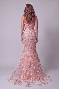 Glitzerndes Blush Korsett Meerjungfrauen Langes Blumen Ballkleid mit Strasssteinen