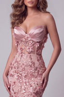 Laden Sie das Bild in den Galerie-Viewer, Glitzerndes Blush Korsett Meerjungfrauen Langes Blumen Ballkleid mit Strasssteinen