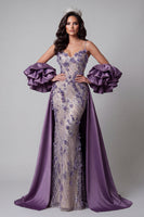 Laden Sie das Bild in den Galerie-Viewer, Glitzerndes lila Meerjungfrauen-Spaghettiträger langes Blumenperlen-Pageant-Kleid