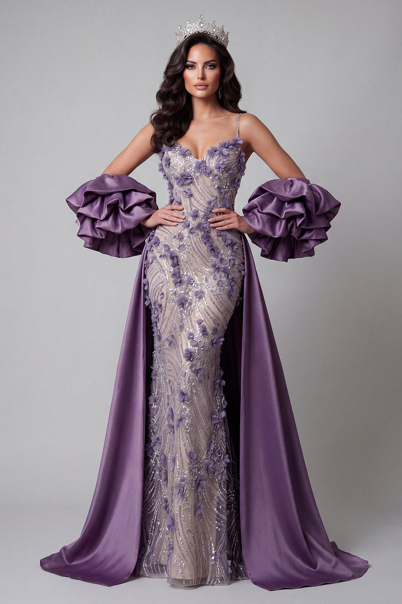 Laden Sie das Bild in den Galerie-Viewer, Glitzerndes lila Meerjungfrauen-Spaghettiträger langes Blumenperlen-Pageant-Kleid