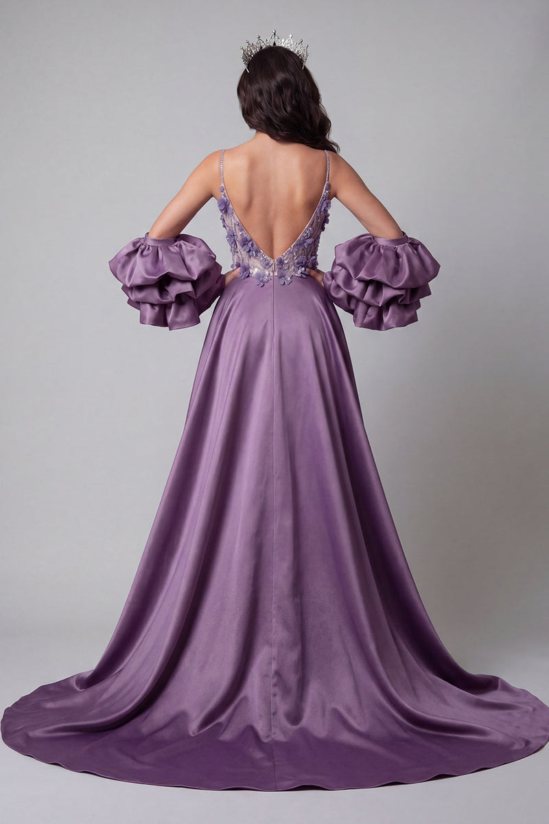 Laden Sie das Bild in den Galerie-Viewer, Glitzerndes lila Meerjungfrauen-Spaghettiträger langes Blumenperlen-Pageant-Kleid