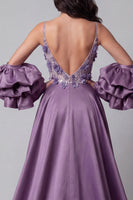 Laden Sie das Bild in den Galerie-Viewer, Glitzerndes lila Meerjungfrauen-Spaghettiträger langes Blumenperlen-Pageant-Kleid