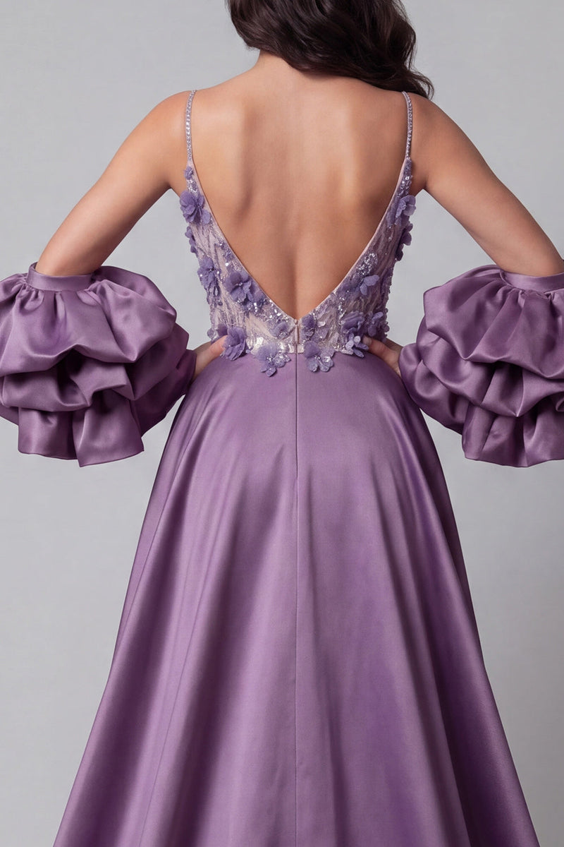 Laden Sie das Bild in den Galerie-Viewer, Glitzerndes lila Meerjungfrauen-Spaghettiträger langes Blumenperlen-Pageant-Kleid