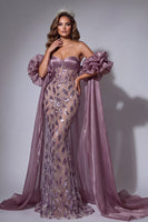 Laden Sie das Bild in den Galerie-Viewer, Glitzerndes Vintage-Mauve-Korsett, Meerjungfrauen-Langeperlen-Rüschen-Pageant-Kleid mit Umhang