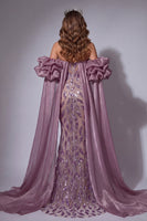 Laden Sie das Bild in den Galerie-Viewer, Glitzerndes Vintage-Mauve-Korsett, Meerjungfrauen-Langeperlen-Rüschen-Pageant-Kleid mit Umhang