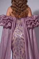 Laden Sie das Bild in den Galerie-Viewer, Glitzerndes Vintage-Mauve-Korsett, Meerjungfrauen-Langeperlen-Rüschen-Pageant-Kleid mit Umhang