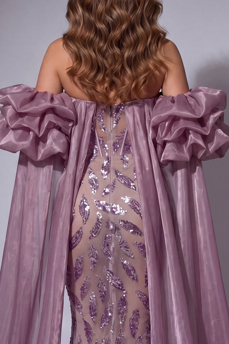 Laden Sie das Bild in den Galerie-Viewer, Glitzerndes Vintage-Mauve-Korsett, Meerjungfrauen-Langeperlen-Rüschen-Pageant-Kleid mit Umhang