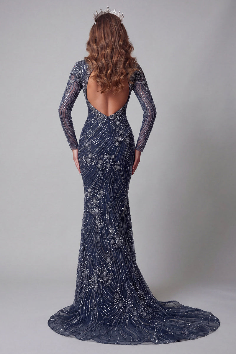 Laden Sie das Bild in den Galerie-Viewer, Glitzerndes marineblaues Meerjungfrauenkleid mit offenem Rücken und hohem Ausschnitt mit langen Perlen