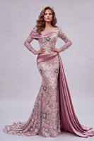 Laden Sie das Bild in den Galerie-Viewer, Glitzerndes pinkes, langärmiges Meerjungfrauen-Perlen-Pageant-Kleid mit Seitenumhang