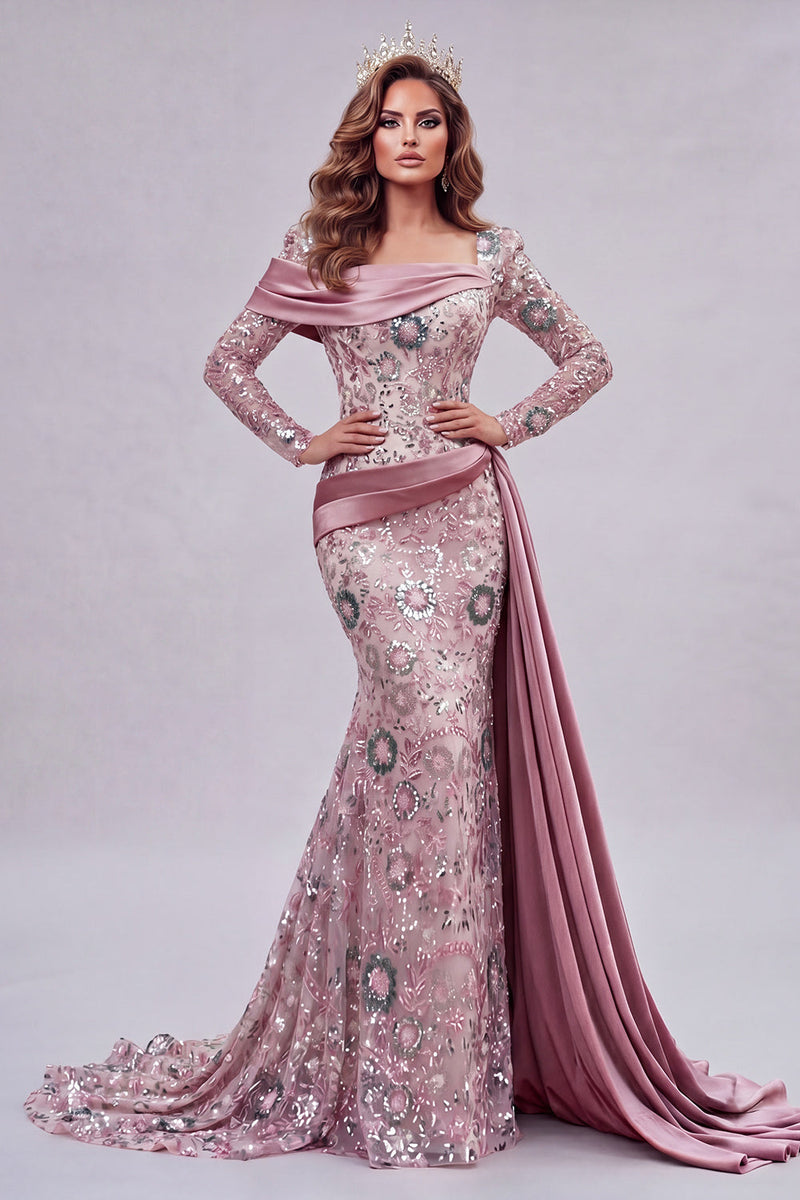 Laden Sie das Bild in den Galerie-Viewer, Glitzerndes pinkes, langärmiges Meerjungfrauen-Perlen-Pageant-Kleid mit Seitenumhang