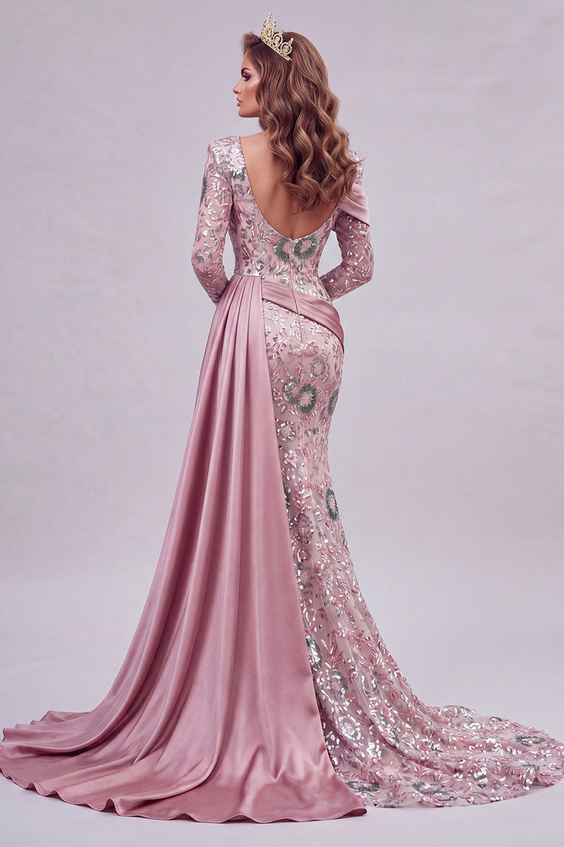 Laden Sie das Bild in den Galerie-Viewer, Glitzerndes pinkes, langärmiges Meerjungfrauen-Perlen-Pageant-Kleid mit Seitenumhang