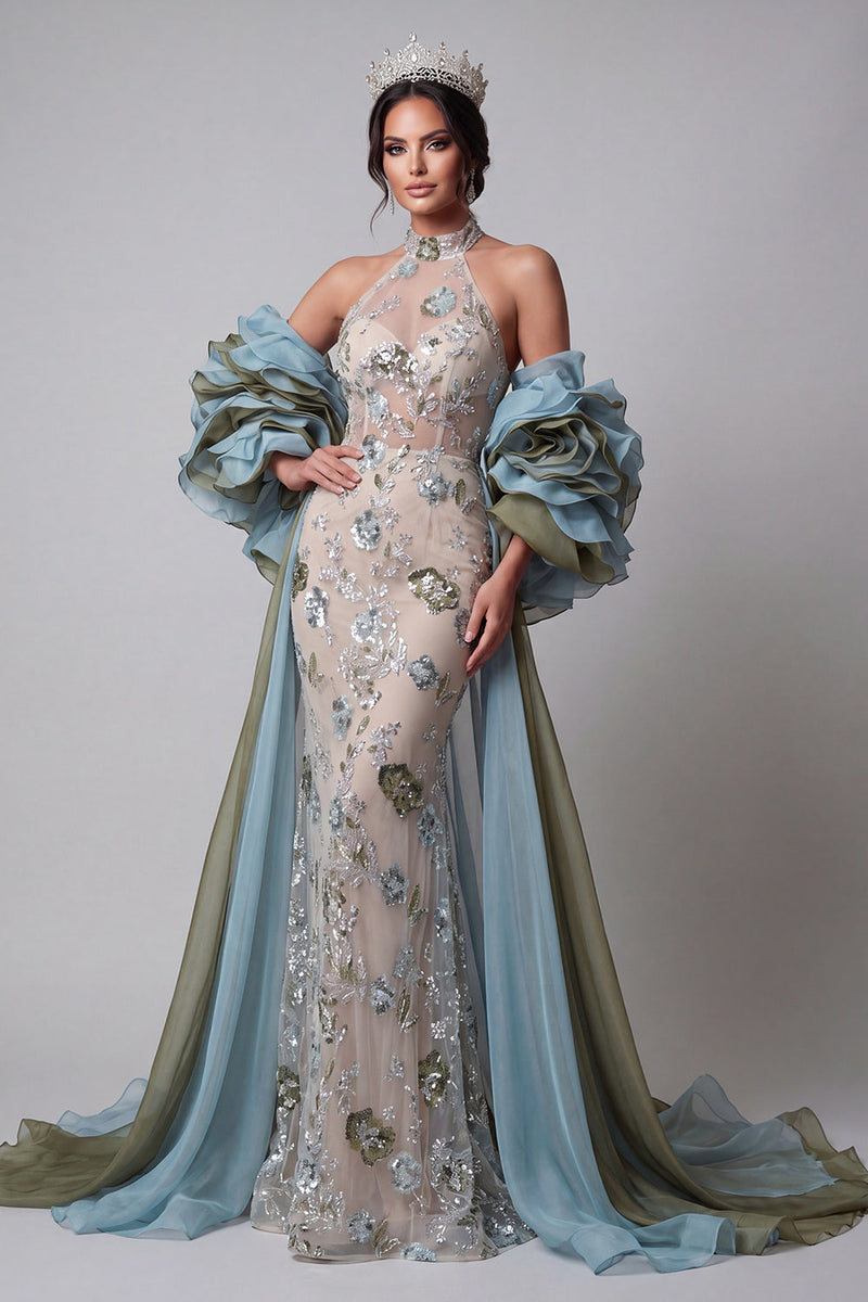Laden Sie das Bild in den Galerie-Viewer, Glitzerndes Champagner-Meerjungfrauen-Rüschenmuster, Blumenkleid mit Umhang