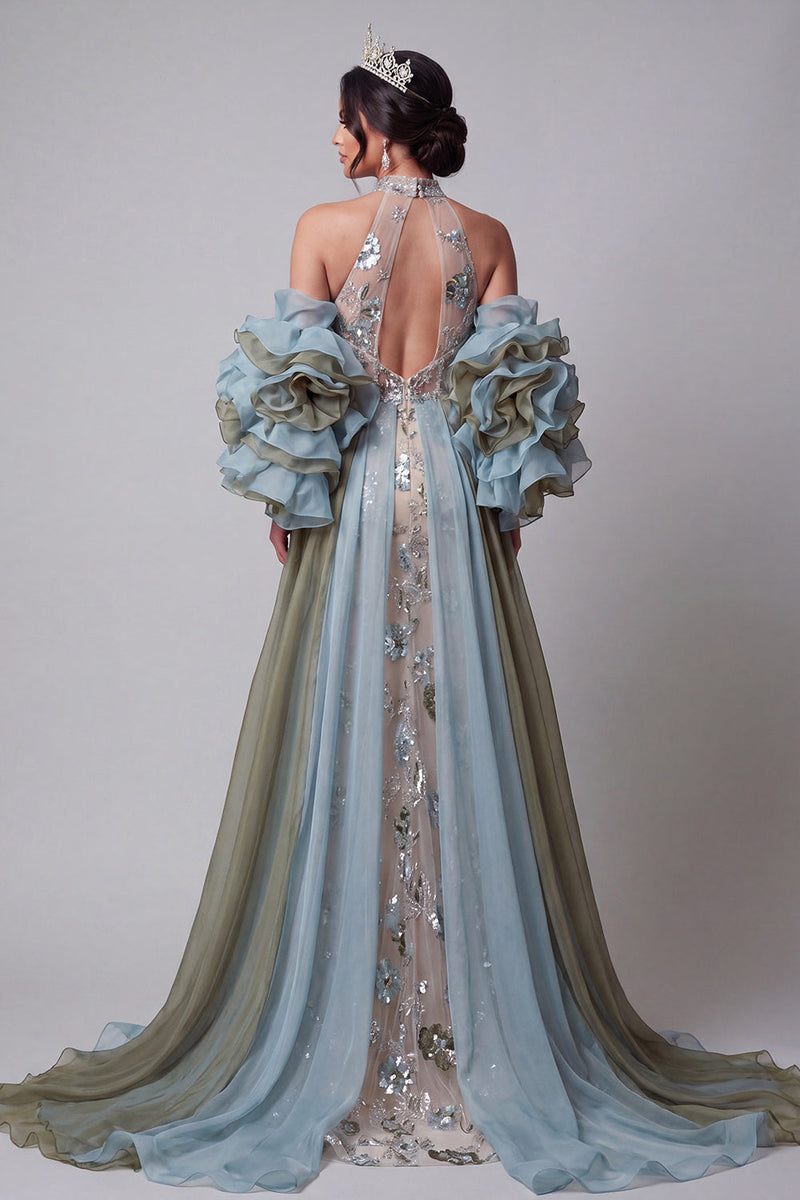 Laden Sie das Bild in den Galerie-Viewer, Glitzerndes Champagner-Meerjungfrauen-Rüschenmuster, Blumenkleid mit Umhang