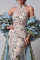 Laden Sie das Bild in den Galerie-Viewer, Glitzerndes Champagner-Meerjungfrauen-Rüschenmuster, Blumenkleid mit Umhang