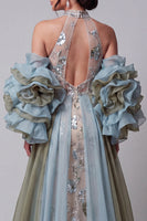 Laden Sie das Bild in den Galerie-Viewer, Glitzerndes Champagner-Meerjungfrauen-Rüschenmuster, Blumenkleid mit Umhang