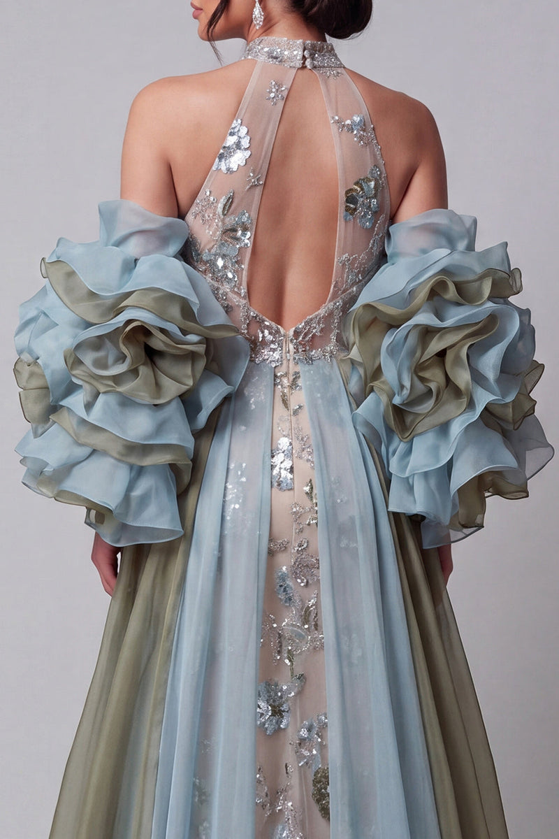 Laden Sie das Bild in den Galerie-Viewer, Glitzerndes Champagner-Meerjungfrauen-Rüschenmuster, Blumenkleid mit Umhang