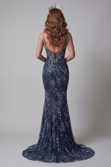 Glitzerndes marineblaues Langes Meerjungfrauen-Kaltschulter-Pageant-Kleid mit Perlen