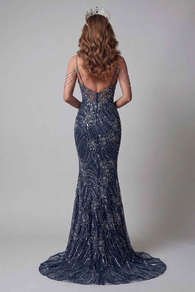 Laden Sie das Bild in den Galerie-Viewer, Glitzerndes marineblaues Langes Meerjungfrauen-Kaltschulter-Pageant-Kleid mit Perlen