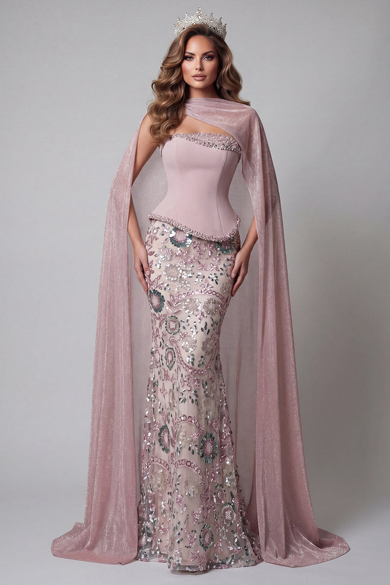 Laden Sie das Bild in den Galerie-Viewer, Glitzerndes pinkes, trägerloses Meerjungfrauen-Langperlen-Pageant-Kleid mit Umhang