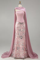 Laden Sie das Bild in den Galerie-Viewer, Glitzerndes Rosa Trägerloses Meerjungfrauen Langes Strasssteinen Ballkleid mit Umhang