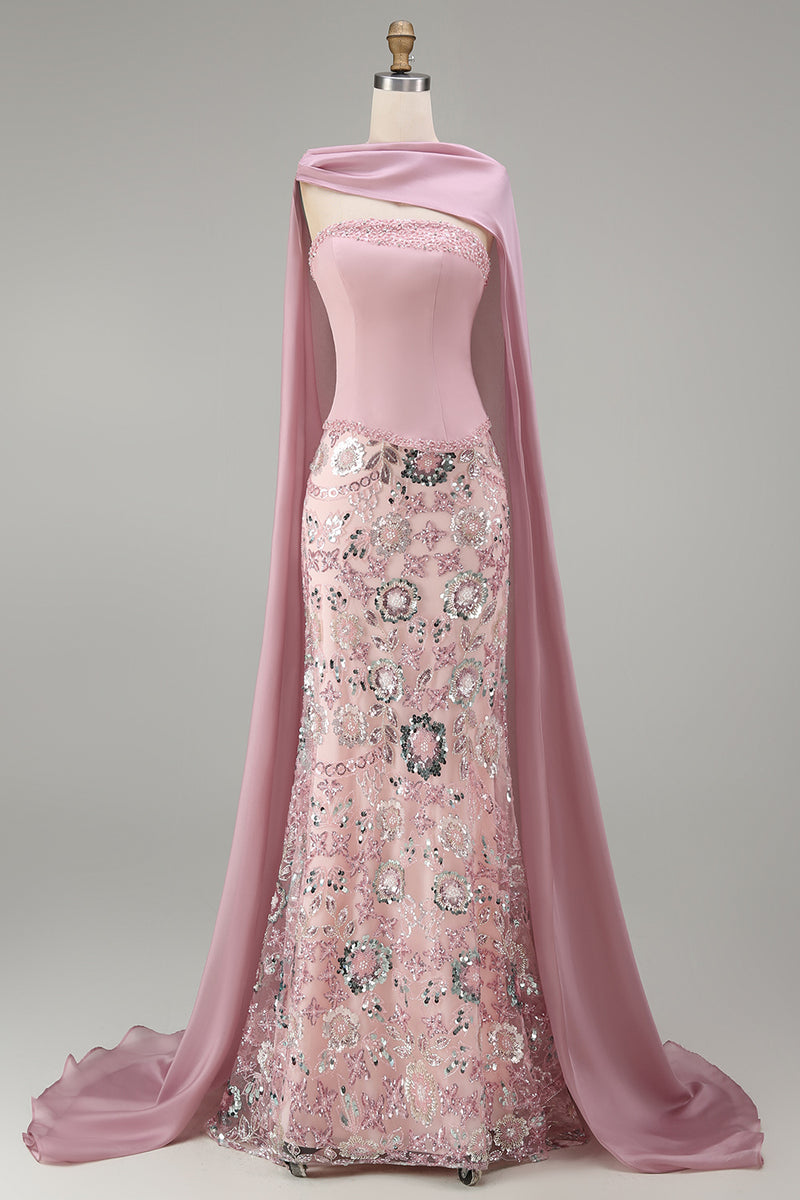 Laden Sie das Bild in den Galerie-Viewer, Glitzerndes Rosa Trägerloses Meerjungfrauen Langes Strasssteinen Ballkleid mit Umhang