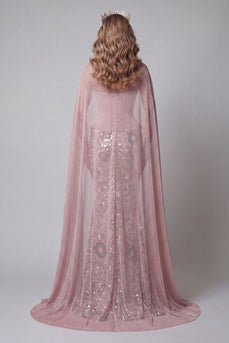 Glitzerndes pinkes, trägerloses Meerjungfrauen-Langperlen-Pageant-Kleid mit Umhang