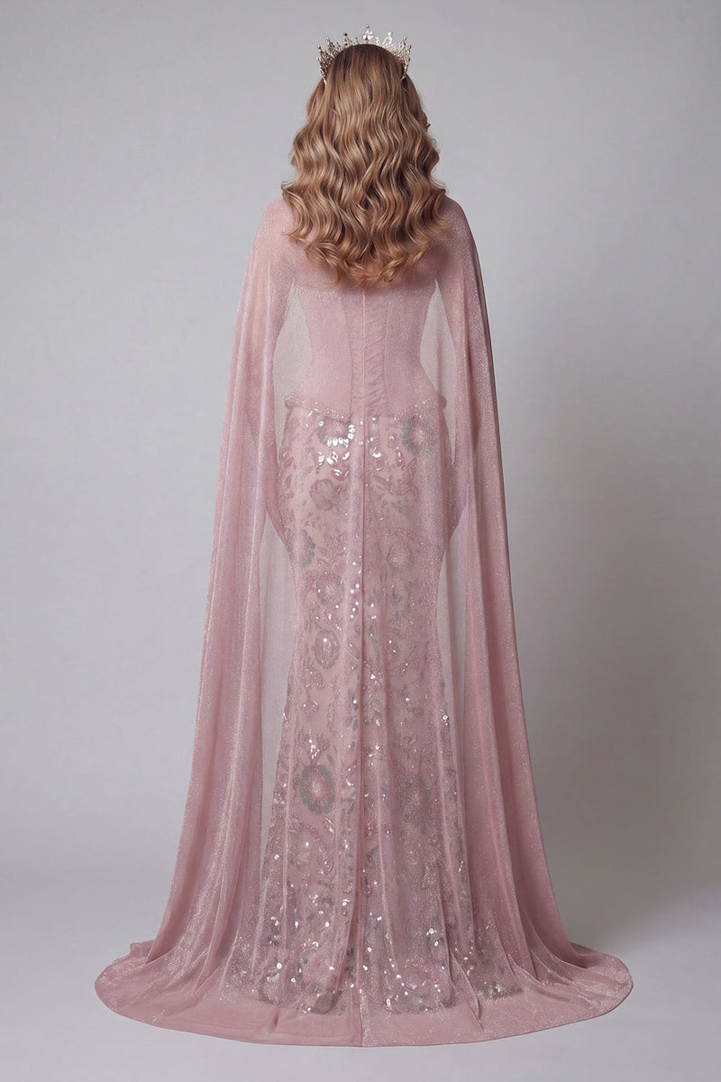 Laden Sie das Bild in den Galerie-Viewer, Glitzerndes pinkes, trägerloses Meerjungfrauen-Langperlen-Pageant-Kleid mit Umhang