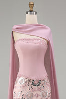 Laden Sie das Bild in den Galerie-Viewer, Glitzerndes Rosa Trägerloses Meerjungfrauen Langes Strasssteinen Ballkleid mit Umhang