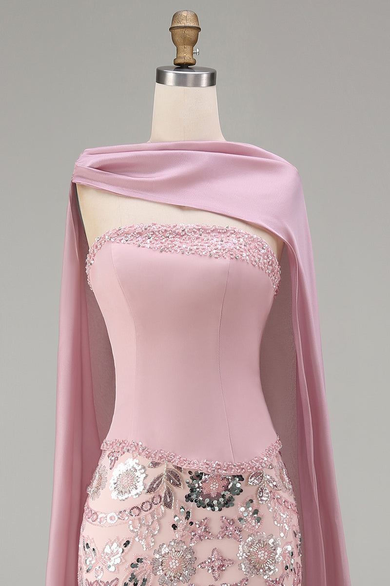 Laden Sie das Bild in den Galerie-Viewer, Glitzerndes Rosa Trägerloses Meerjungfrauen Langes Strasssteinen Ballkleid mit Umhang