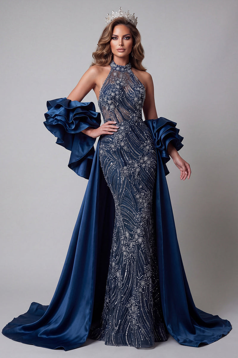 Laden Sie das Bild in den Galerie-Viewer, Glitzerndes marineblaues Meerjungfrauen-Langperlen-Pageant-Kleid mit Umhang