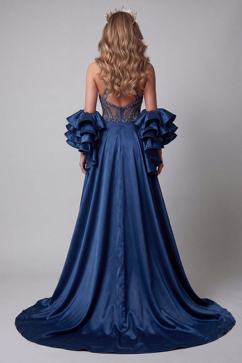 Laden Sie das Bild in den Galerie-Viewer, Glitzerndes marineblaues Meerjungfrauen-Langperlen-Pageant-Kleid mit Umhang