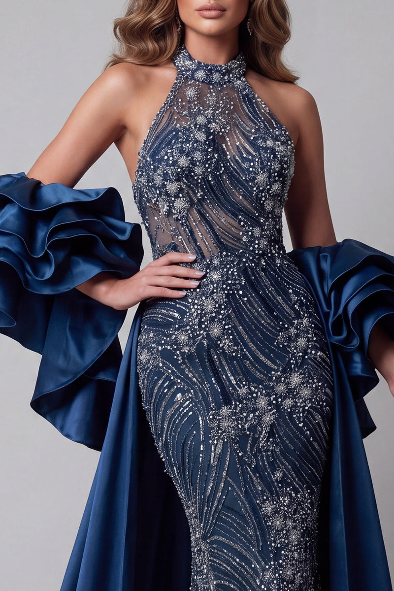 Laden Sie das Bild in den Galerie-Viewer, Glitzerndes marineblaues Meerjungfrauen-Langperlen-Pageant-Kleid mit Umhang