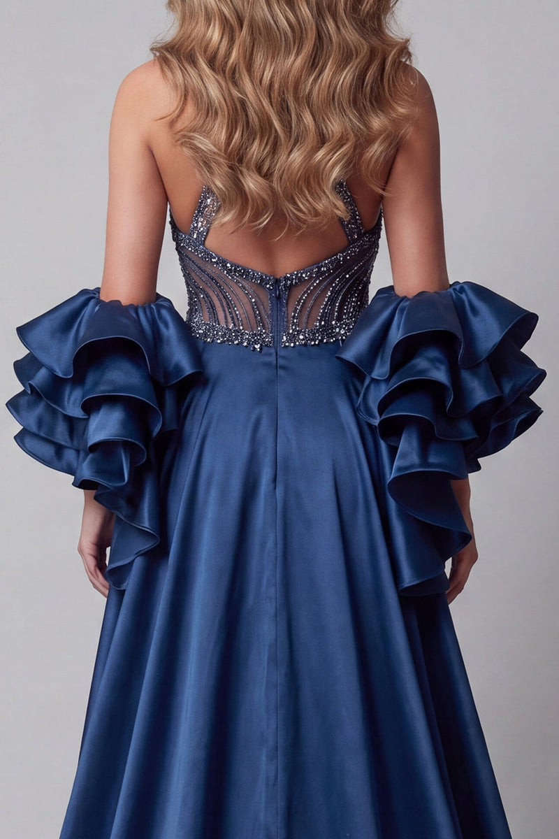 Laden Sie das Bild in den Galerie-Viewer, Glitzerndes marineblaues Meerjungfrauen-Langperlen-Pageant-Kleid mit Umhang