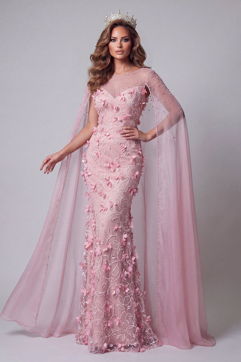 Laden Sie das Bild in den Galerie-Viewer, Glitzerndes pinkes Meerjungfrauen-Bootsausschnitt mit Blumenperlen, langes Pageant-Kleid mit Umhang
