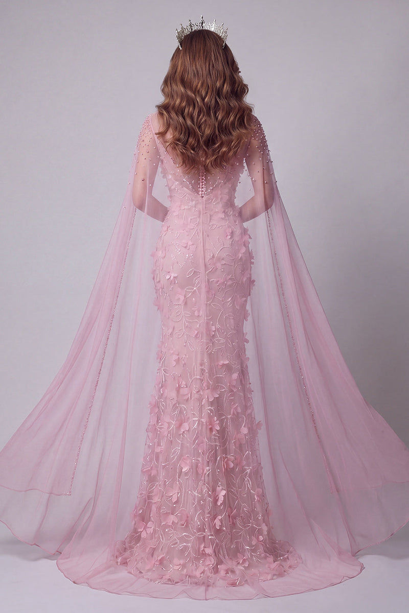 Laden Sie das Bild in den Galerie-Viewer, Glitzerndes pinkes Meerjungfrauen-Bootsausschnitt mit Blumenperlen, langes Pageant-Kleid mit Umhang