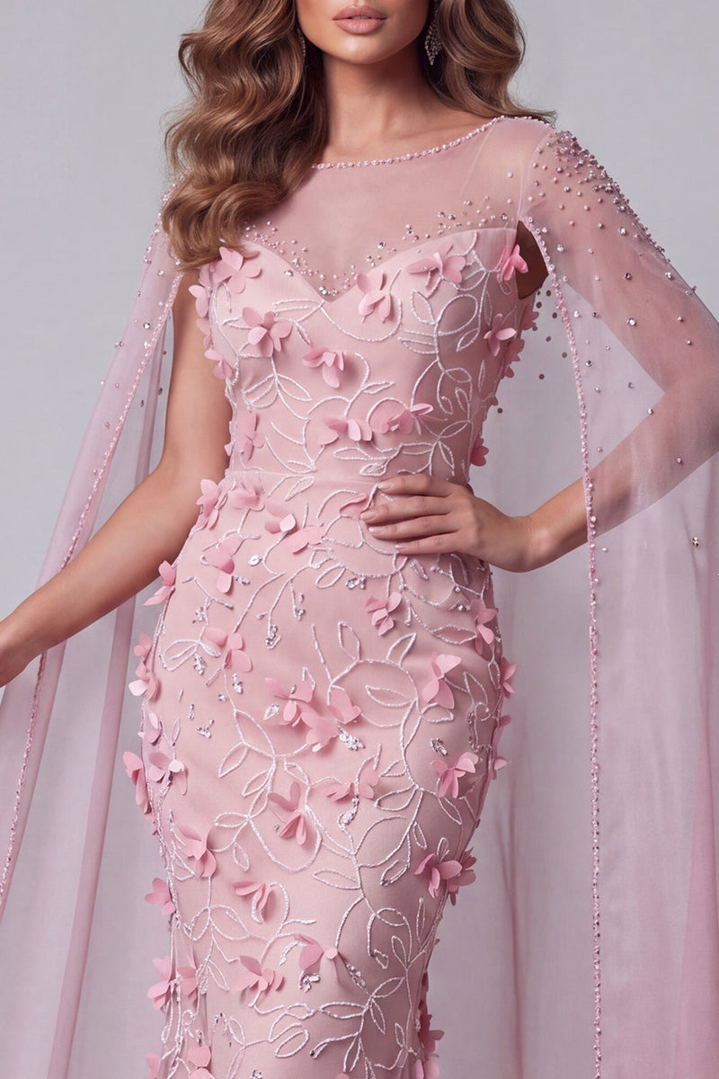 Laden Sie das Bild in den Galerie-Viewer, Glitzerndes pinkes Meerjungfrauen-Bootsausschnitt mit Blumenperlen, langes Pageant-Kleid mit Umhang