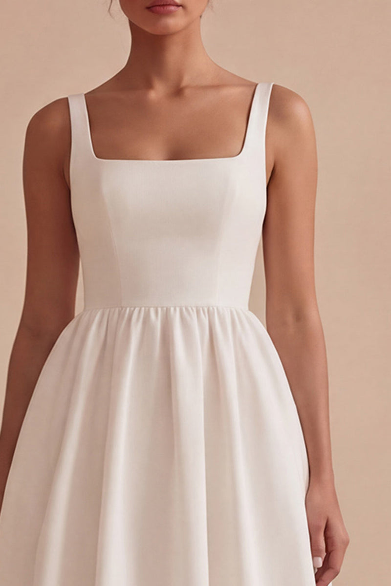 Laden Sie das Bild in den Galerie-Viewer, Weißes Quadrathals A-Linie Midi Standesamtkleid