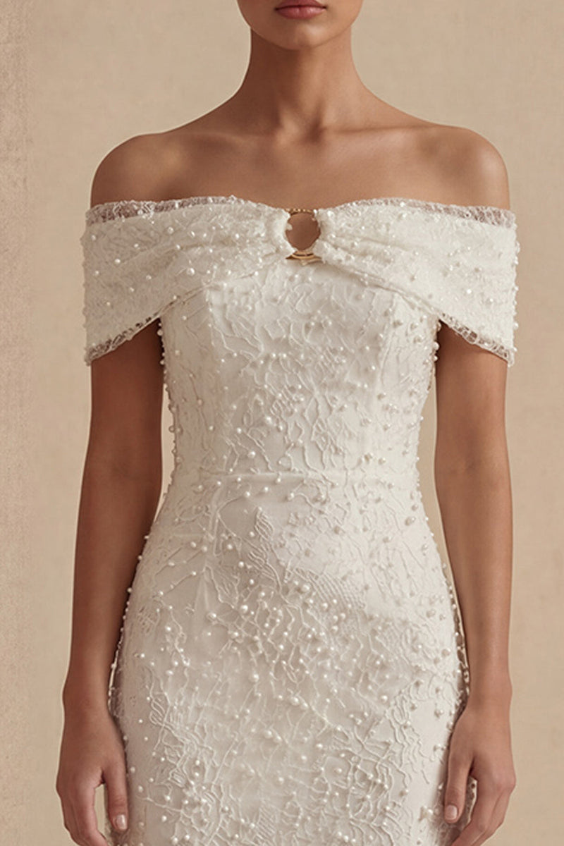 Laden Sie das Bild in den Galerie-Viewer, Weißes Schulterfreies Bodycon Midi Standesamtkleid mit Perlen