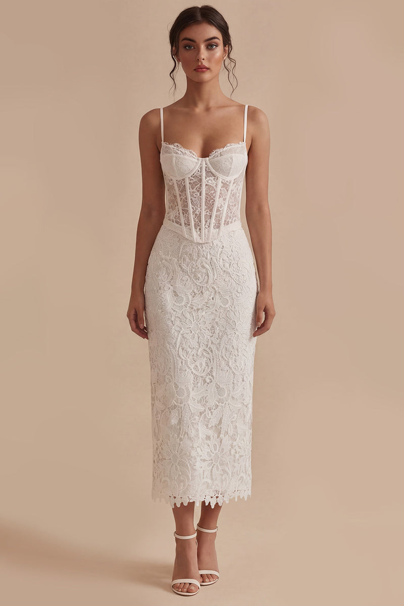 Laden Sie das Bild in den Galerie-Viewer, Weiße Spitzen Spaghettiträger Bodycon Midi Korsett Standesamtkleid