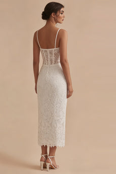 Weiße Spitzen Spaghettiträger Bodycon Midi Korsett Standesamtkleid