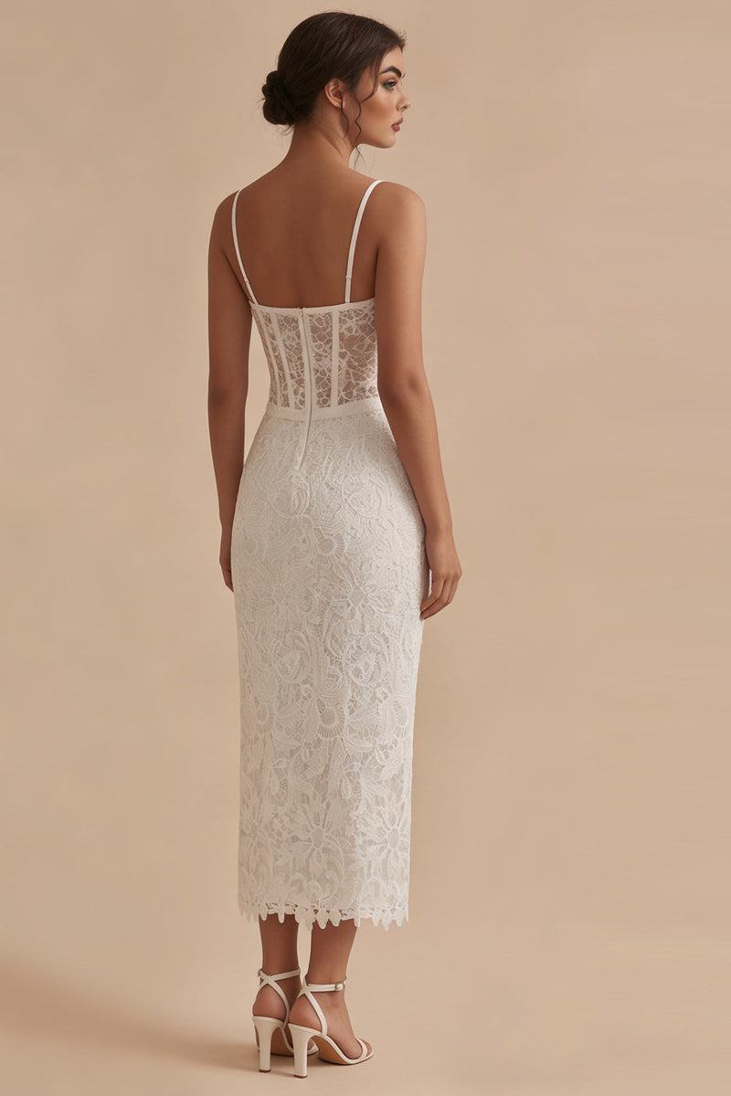 Laden Sie das Bild in den Galerie-Viewer, Weiße Spitzen Spaghettiträger Bodycon Midi Korsett Standesamtkleid