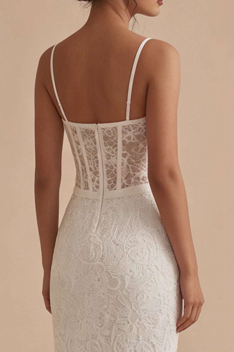 Laden Sie das Bild in den Galerie-Viewer, Weiße Spitzen Spaghettiträger Bodycon Midi Korsett Standesamtkleid